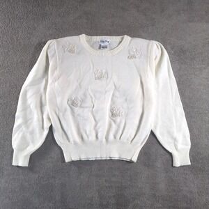 Lady Darian White Beaded Sequin Floral Knit Sweater Pullover Top‎ Women's S